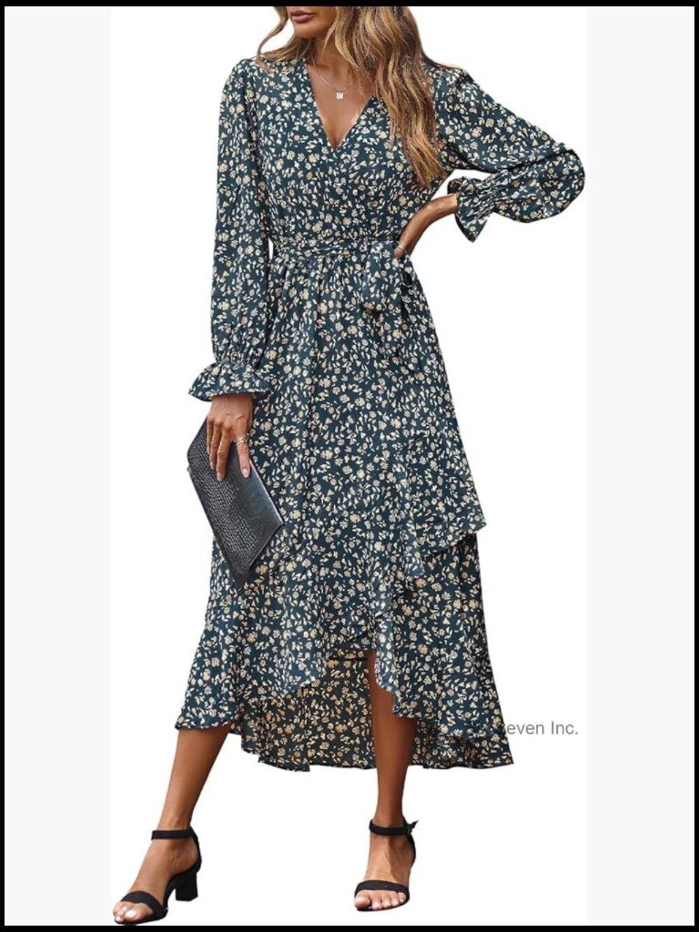 Long Sleeve V Neck Floral High Waist Ruffle Wedding Guest Cocktail Dress